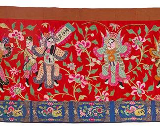 60 A large Chinese embroidered silk hanging Late Qing/Republic period (circa 1840-1949) or later The wide textile worked on red silk with polychrome silk and gilt wrapped threads and sequin accents, featuring multiple dramatic figures wearing elaborate costumes and masks and holding various fans and other auspicious items, amidst twining floral branches, all with a border of alternating fretwork panels with motifs including auspicious fruits and bats, all worked on blue silk, and fully lined in red cotton 2 ft. 7 in. x 8 ft. 4 1/2 in. Estimate: $1,000 - $1,500