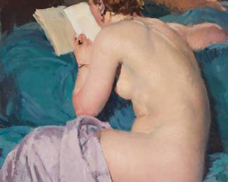 258 Louis-François Biloul (1874-1947) Nude woman reading a book reflected in a mirror Oil on canvas Signed lower left: Biloul 39 1/2 x 32 in. Estimate: $1,200 - $1,800