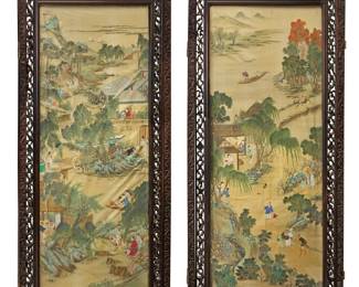 116 A pair of Chinese carved wood and painted silk screen panels 19th century or later Comprising two panels of a larger screen, the frames intricately reticulated, each mounted with a pigment on fabric figural landscape painting under glass 2 pieces Sight of each 51 5/8 x 20 3/8 in.; height of each overall 72 1/2 in., width 28 1/2 in., depth 2 in. Estimate: $4,000 - $6,000