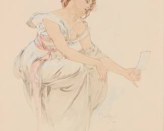 219 Alphonse Mucha (1860-1939) Seated woman with a letter, from one of the rare deluxe examples of "Le Pater" folio, 1899 Watercolor, gouache, and delicate hand-drawn outlines on a folded sheet of Japan paper, as issued Signed and dated by hand, possibly in either brushed ink or pencil, lower right: Mucha / 99 Sheet (as folded): 15 7/8 x 12 in; Sheet (when open): 15 7/8 x 24 in. Estimate: $6,000 - $8,000