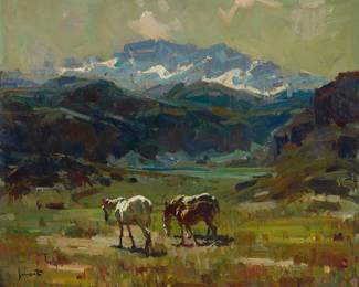 129 Josep Serrasanta (1916-1998) Grazing horses with mountains in the distance Oil on canvas Signed lower left: Serrasanta 23 3/4 x 29 in. Estimate: $600 - $800