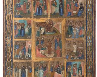 344 A Late 19th Century Russian icon of the Resurrection and the Twelve Great Feasts Scenes of the Resurrection and the Twelve Great Feast Days Paint and gold leaf on a wood panel Unsigned 11 1/8 x 10 1/2 x 1 in. Estimate: $400 - $600