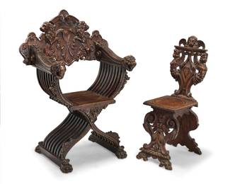 88 Two Renaissance style carved walnut chairs Late 19th century Comprising a sgabello chair and a Savonarola chair 2 pieces Height of Savonarola 45 3/4 in., width 32 1/4, depth 24 1/4 in.; height of sgabello 38 1/2 in., width 14 1/2 in., depth 21 in. Estimate: $700 - $900
