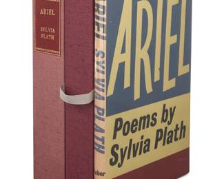 312 Sylvia Plath (1932-1963) "Ariel," 1965 Hardcover book in later slipcase Plath, Sylvia. "Ariel." London: Faber and Faber, 1965 First Printing In original red cloth with gilt-stamped spine, in a later custom cloth-covered slipcase Height of book 8 7/8 in., width 5 7/8 in., depth 5/8 in.; height of clamshell 9 1/2 in., width 6 1/2 in., depth 2 in. Estimate: $300 - $500
