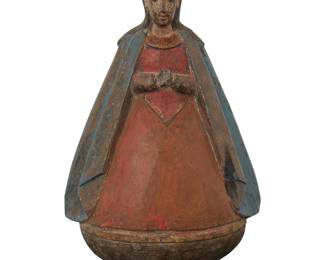 90 A Spanish Colonial polychrome carved wood santo of Mary Early 19th century; Philippines Wearing a pierced crown, her hands before her Height 12 7/8 in., width 7 7/8 in., depth 4 1/2 in. Estimate: $400 - $600
