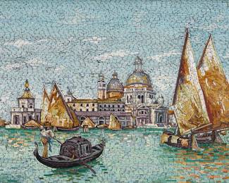 364 An Italian micro mosaic panel of the Basilica di Santa Maria della Salute Early 20th century In a giltwood frame With gift inscription verso Sight 7 7/8 x 11 7/8 in. Estimate: $600 - $800