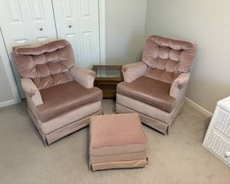 Pair of swivel rockers with ottoman