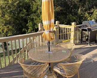 Vintage iron patio table and chairs with new umbrella and stand