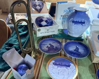 Bing & Grondahl annual Christmas plates, heart wall pocket, Royal Copenhagen plates and ornament, Lyons & Healey trumput