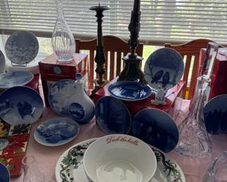Bing & Grondahl annual Christmas plates, Martha Stewart Holiday Garden dishes NIB, lead crystal bowls & decanters, antique French altar candlesticks, Royal Copenhagen and Bing & Grondahl decanters