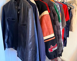 Vintage Structure leather jacket, Club Room flannel shirts, and various branded jeans