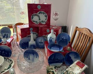 Bing & Grondahl annual Christmas plates, Martha Stewart Holiday Garden dishes NIB, lead crystal bowls, Royal Copenhagen and Bing & Grondahl decanters