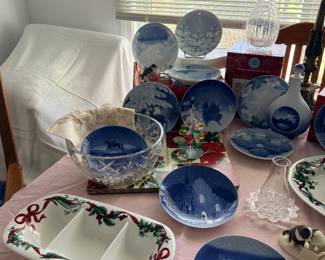 RARE Bing & Grondahl annual Christmas plates, Martha Stewart Holiday Garden dishes NIB, lead crystal bowls and decanters, Royal Copenhagen and Bing & Grondahl decanters