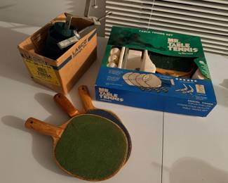 Vintage plywood table tennis/ping pong table and accessories