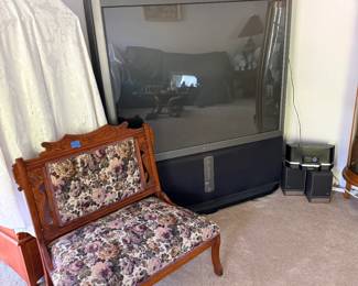 Victorian Eastlake chair, Sony tv, Bose speakers, Sirius XM radio