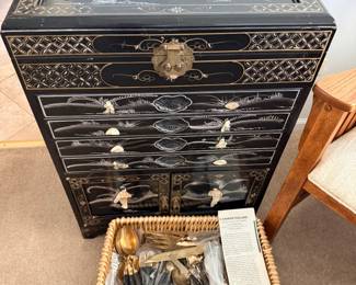 Mother of Pearl silverware chest and vintage Siam brass and wood handled flatware