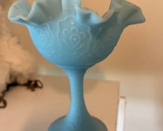 Blue satin frosted glass ruffled pedestal vase