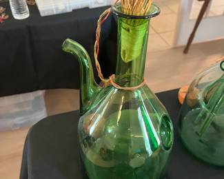 Lg green glass decorative bottle vase with side opening