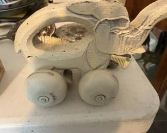 wooden elephant on wheels; vintage child's pull toy