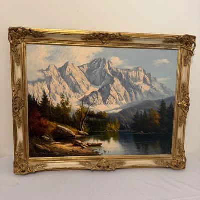 Framed Mountain Landscape Oil on Canvas Painting PMG