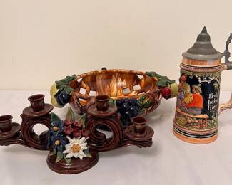 Austrian Ceramic Candelabra Fruit Bowl Plus Beer Stein