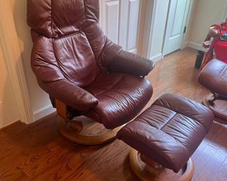 Burgundy Stressless Leather Recliner and Ottoman PRG