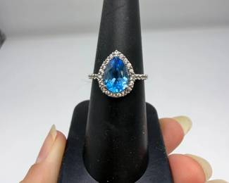 14K White Gold PearCut Blue Topaz Diamond Halo Ring STBM
