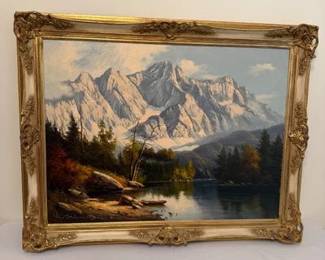 Framed Mountain Landscape Oil on Canvas Painting PMG