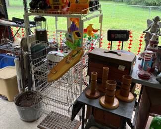 Toys, wooden items, shelving
