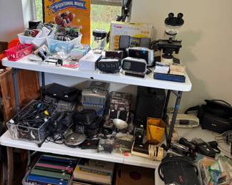 Vintage electronics, albums/records, phone accessories, microscope