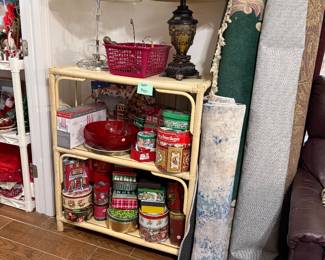 Shelf, lamps, rugs, tins
