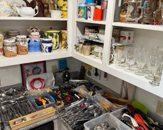 Kitchen utensils, glassware, mugs, canisters