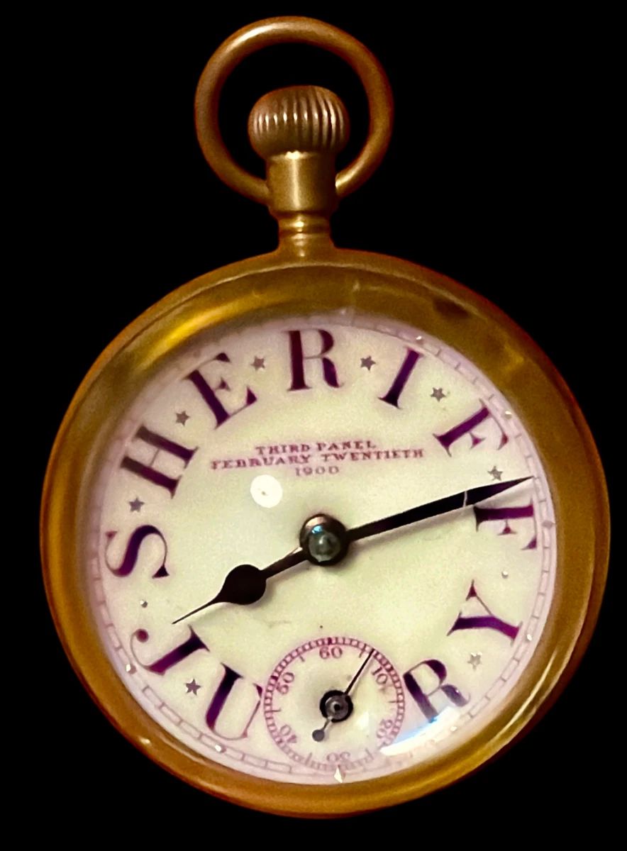 Sheriff Jury Desktop Pocket Watch- Third Panel February Twentieth 1900, Given to Captain Antoine de Reilhe (A. deR.) McNair was a retired U.S. Navy officer and a prominent local figure in Saratoga Springs, New York