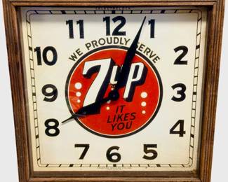 Vintage 1940's 7-Up Clock "We Proudly Serve / It Likes You" Works but cord needs replacing. Soda