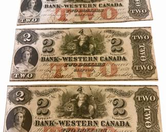Rare Confederation Canadian banknotes issued by The Bank of Western Canada in Clifton, Canada West. Present Day Niagara Falls