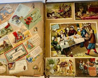 Victorian scrap scrapbook containing a collection of colorful 19th-century trade cards, postcards. Most are Albany, NY and the Capital Region