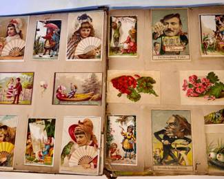 Victorian scrap scrapbook containing a collection of colorful 19th-century trade cards, postcards. Most are Albany, NY and the Capital Region
