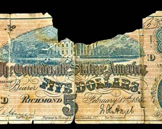 $5 Confederate States of America paper currency note, specifically the Type 69 (T-69) issue dated February 17, 1864