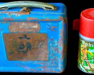 1950 Aladdin Hopalong Cassidy Blue Metal Lunch Box & 1956 Aladdin Robin Hood Thermos.