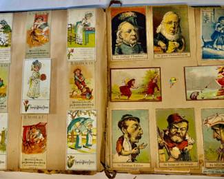 Victorian scrap scrapbook containing a collection of colorful 19th-century trade cards, postcards. Most are Albany, NY and the Capital Region