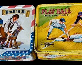 Aladdin "Back in '76" Bicentennial Metal Lunchbox (1975) & Play Ball Magnetic Game Lunch Kit Lunchbox & Thermos Vintage Rare 1969