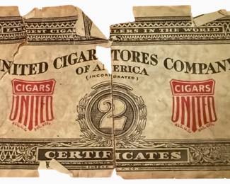 "2 Certificates" trade voucher issued by the United Cigar Stores Company of America 1910's