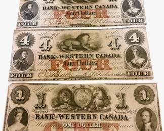 Rare Confederation Canadian banknotes issued by The Bank of Western Canada in Clifton, Canada West. Present Day Niagara Falls