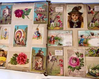 Victorian scrap scrapbook containing a collection of colorful 19th-century trade cards, postcards. Most are Albany, NY and the Capital Region