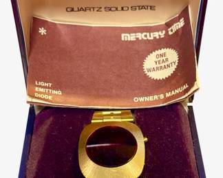 Vintage 1976 Mercury Quartz Solid State LED watch, complete with its original display box and owner's manual.