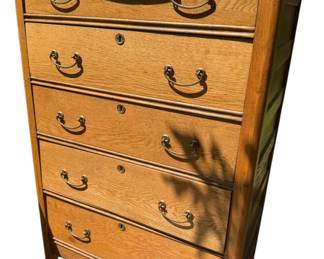 antique American oak five-drawer tallboy chest