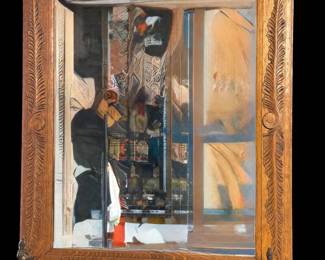 Antique Oak Framed Mirror with 4 Brass Hooks