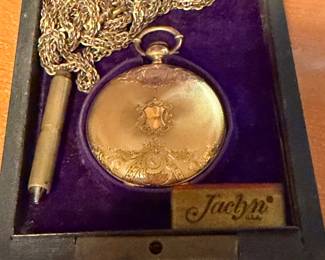 Antique 18K Gold Victorian Pocket Watch 1860-1880 Jaques Roulet Key Wind Enamel Dial with original case.