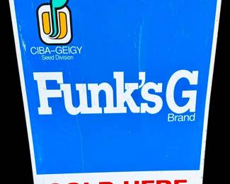 Vintage metal agricultural dealer sign promoting Funk's G Brand seed