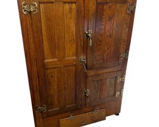 ANTIQUE OAK THREE-DOOR ICE BOX